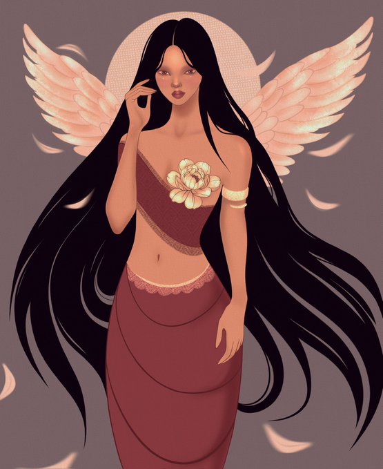 A digital illustration depicts a winged woman with long flowing black hair, dressed in a red top and skirt with a large flower at her chest, set against a mauve background with floating petals and a halo-like circle. The ethereal, angelic artwork likely represents the NFT titled "Rebirth," celebrating its sold-out status and thanking the collectors mentioned.