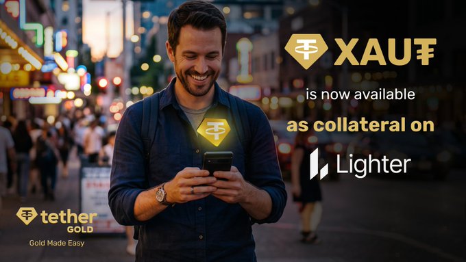 An advertisement showing a smiling man looking at his phone in a city street, with text promoting XAUT as collateral on Lighter, branded by Tether Gold.