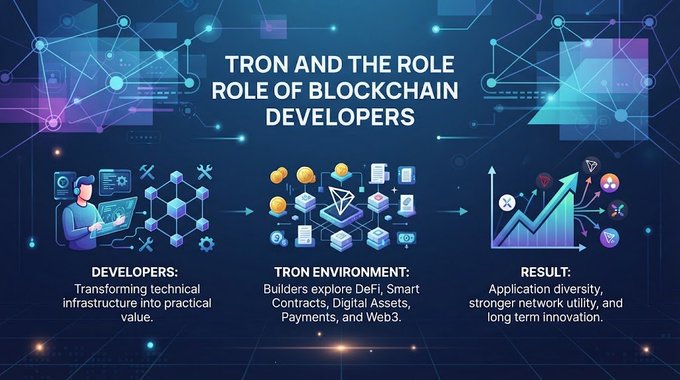An infographic titled 'TRON AND THE ROLE OF BLOCKCHAIN DEVELOPERS' showing three sections: Developers, Tron Environment (DeFi, Smart Contracts, Digital Assets, Payments, Web3), and Result.