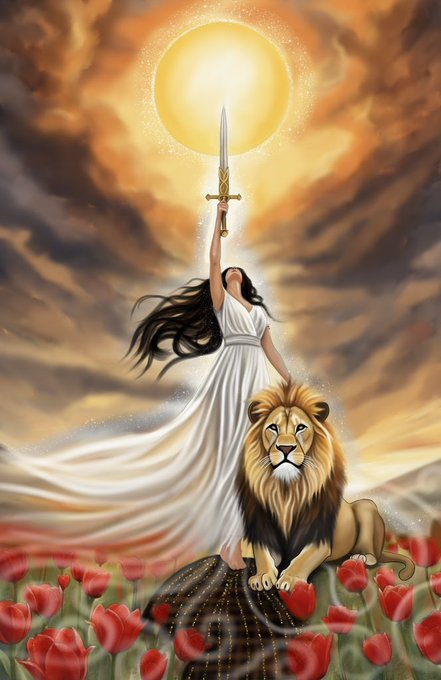 A fantasy illustration of a woman in a flowing white gown raising a sword toward a radiant sun, standing beside a majestic lion in a field of red tulips under dramatic clouds.