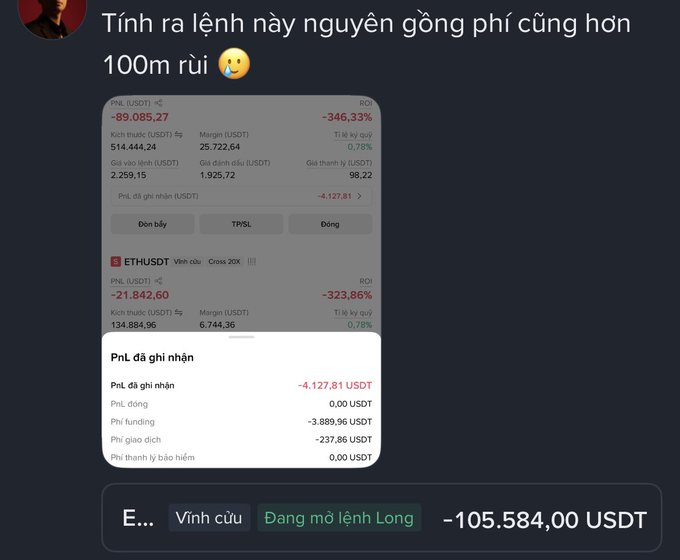 A screenshot in Vietnamese showing crypto trading PnL with the text 'Tính ra lệnh này nguyên đồng phí cũng hơn 100m rùi 😅', displaying positions for PnL and ETHUSDT with a total loss of -105,584.00 USDT on a long position.
