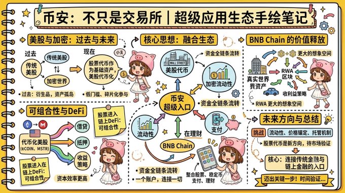 A Chinese hand-drawn infographic titled '币安：不只是交易所 | 超级应用生态手绘笔记' (Binance: Not Just an Exchange | Super App Ecosystem Hand-drawn Notes), featuring cartoon characters and diagrams about BNB Chain and DeFi.