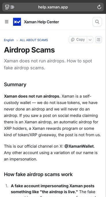 A mobile screenshot of the Xaman Help Center help.xaman.app page about 'Airdrop Scams', stating that Xaman does not run airdrops and warning users about fake impersonator accounts.