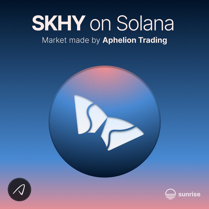 A promotional graphic featuring a blue sphere with a white stylized logo, announcing "SKHY on Solana" with text noting "Market made by Aphelion Trading," accompanied by the Aphelion and Sunrise brand logos at the bottom against a blue-to-pink gradient background.