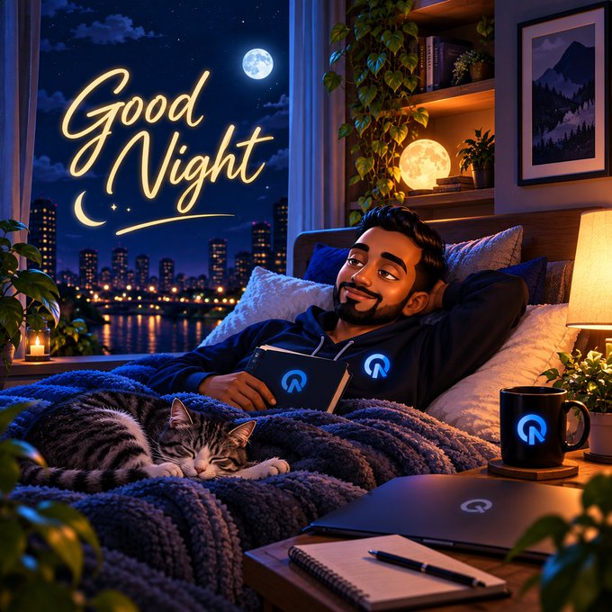An illustrated scene shows a man relaxing in bed with a tablet, accompanied by a sleeping cat, under a 'Good Night' sky with a moon and cityscape.