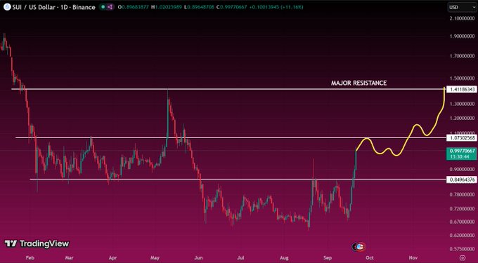 A TradingView candlestick chart of SUI/USD on Binance showing price levels including a "MAJOR RESISTANCE" line around 1.4, with current price at 0.9977.
