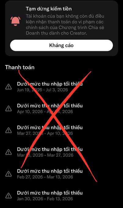A Vietnamese TikTok payment screen is marked with a large red X, showing a suspension notice and a history of 'Dưới mức thu nhập tối thiểu' (below minimum earnings) alerts from 2026.