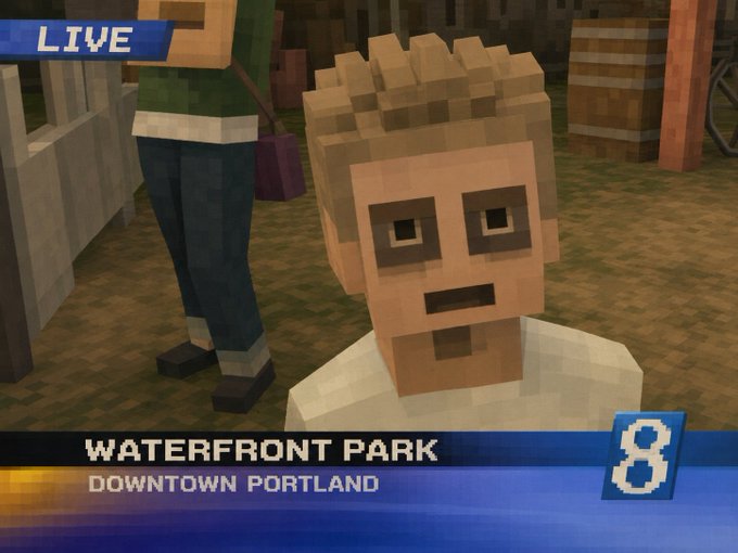 A live news broadcast overlay from "Channel 8" at "Waterfront Park, Downtown Portland" features a blocky, Minecraft-style character with wide, startled eyes looking into the camera, humorously embodying a panicked on-the-scene reporter reacting to the post "i like solana."