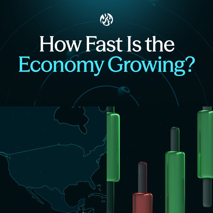 A graphic with the text "How Fast Is the Economy Growing?" displayed above green and red candlestick charts against a dark background with a faint world map.