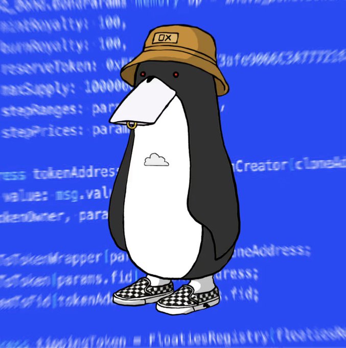 A cartoon penguin character wearing a tan bucket hat and checkered Vans sneakers, holding a small white object, standing against a blue background filled with blurred lines of code.