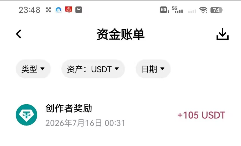A Chinese mobile app screenshot showing a '资金账单' (Fund Statement) with a '创作者奖励' (Creator Reward) of +105 USDT dated July 16, 2026.