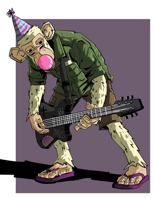 A cartoon illustration shows a monkey wearing a green military-style jacket and a party hat, blowing a pink bubblegum bubble while playing a black electric guitar and wearing purple sandals.