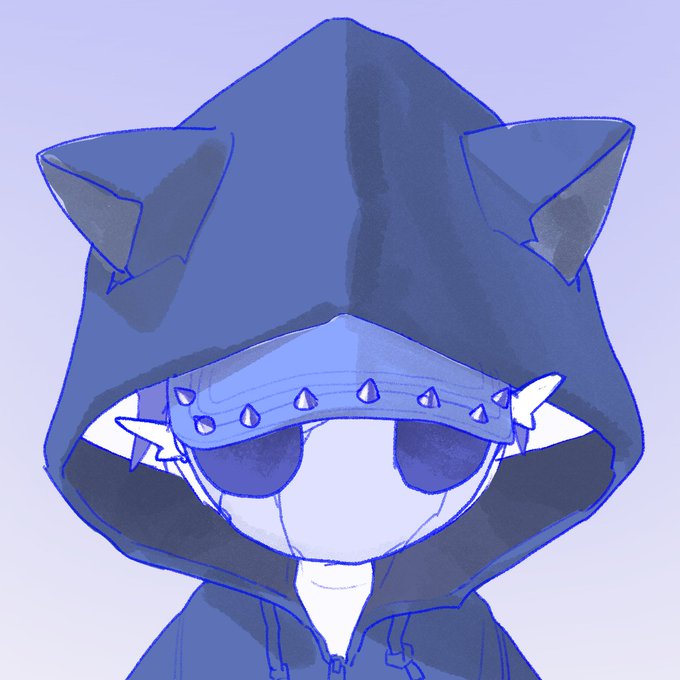 A stylized blue-toned digital illustration of a hooded figure with pointed ears and a studded headband, with only a simple smiling mouth and large dark eyes visible beneath the hood.