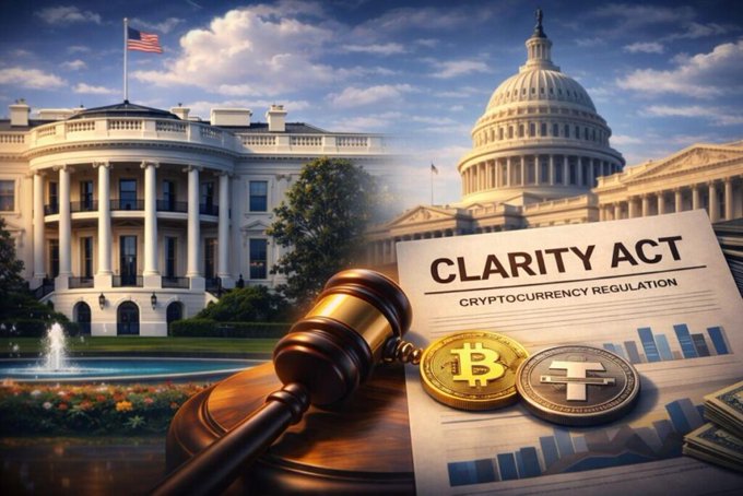 The image shows the White House and U.S. Capitol alongside a gavel, a document labeled "CLARITY ACT — CRYPTOCURRENCY REGULATION," and Bitcoin and Tether coins, symbolizing federal legislative momentum toward crypto oversight. The accompanying post cites 60% Bloomberg odds of the Clarity Act passing this month, which the imagery reinforces by pairing iconic symbols of American lawmaking with key digital assets that the bill would regulate.