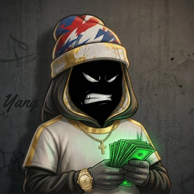 A cartoon-style digital illustration of a hooded figure wearing a patterned beanie, gold cross necklace, and gold watch, holding a fan of green cash with an angry expression.