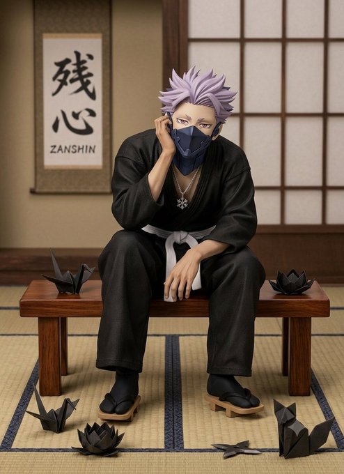 A contemplative figure with purple hair and a face mask sits on a wooden bench in a traditional Japanese setting, surrounded by black origami cranes and lotuses, with a scroll reading "残心 ZANSHIN" displayed behind them—evoking a sense of mindful reflection fitting for a new month's "gm" greeting and forward-looking message of hope.