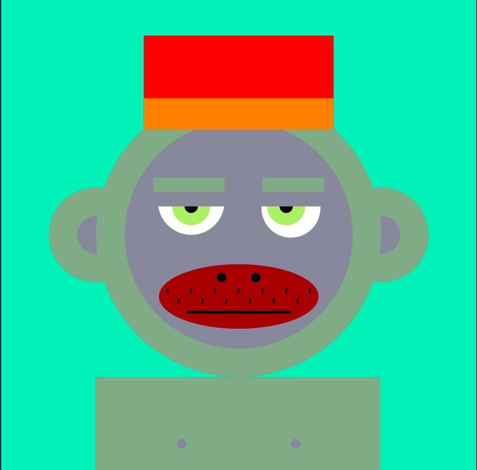 Illustration of a sad-looking gray monkey character with half-closed eyes, red lips, and a red and orange hat against a turquoise background.
