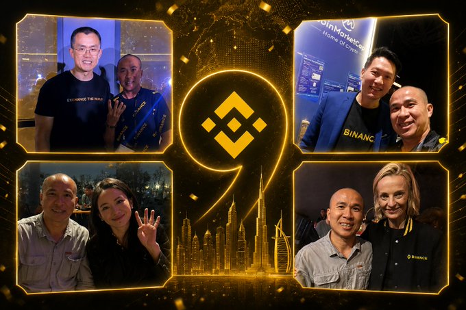 A collage featuring four photos of Binance representatives posing together at events, surrounding a central Binance logo with a city skyline and the number '9' in the background.