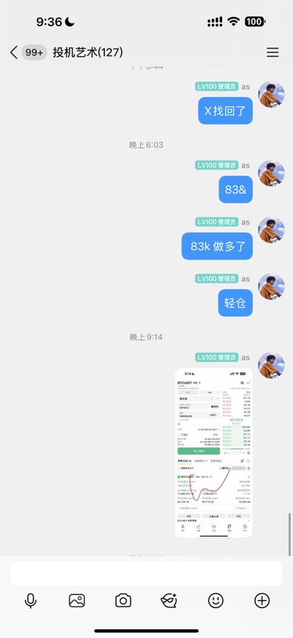 A Chinese chat interface (QQ) in the group '投机艺术(127)' where a user 'LV100 管理员' shares messages like '838', '83k 做多了', '轻仓', and an image of a trading chart.