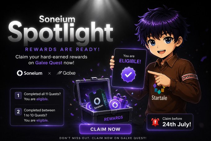A promotional graphic for 'Soneium Spotlight' rewards on Galxe Quest, featuring an anime-style character pointing to a 'You are ELIGIBLE!' badge, with eligibility criteria and a 'CLAIM NOW' button, deadline 24th July.