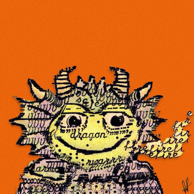 A vibrant orange artwork featuring a yellow creature with horns, drawn over a background of scribbled text including words like 'dragon' and 'fire'.