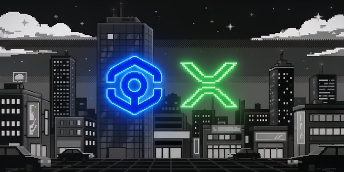A pixel-art style cityscape at night features two glowing neon logos—a blue hexagonal emblem and a green 'X' symbol—superimposed over the skyline.