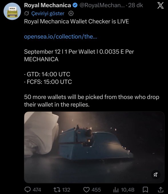 A Twitter post from 'Royal Mechanica' announces 'Royal Mechanica Wallet Checker is LIVE', mentioning 'September 12 | 1 Per Wallet | 0.0035 E Per MECHANICA' with GTD and FCFS times, and an embedded video of a blue mechanical device.