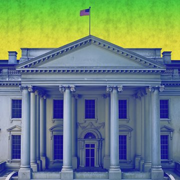 The image shows the White House with an American flag, tinted in blue and yellow hues. The stylized coloring subtly references the cryptocurrency and digital asset themes discussed in the post about SEC proposals to modernize investment adviser regulations regarding crypto holdings.