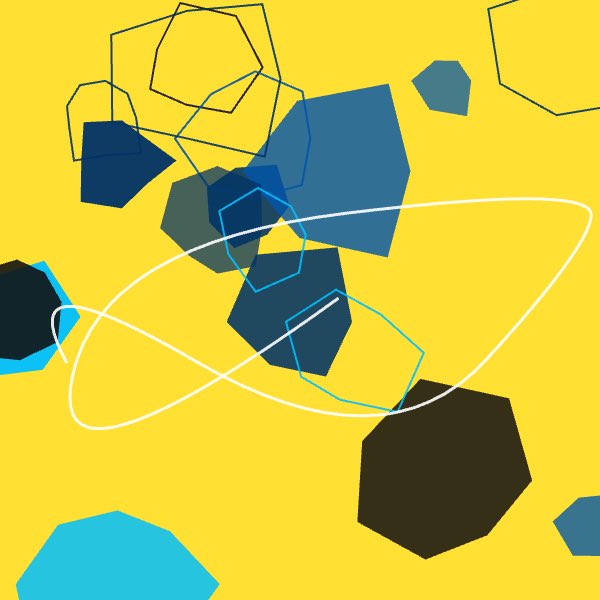 The image features a vibrant yellow background with various shapes, including blue triangles, black squares, and white lines. The shapes are scattered throughout the frame, creating an abstract composition that appears random yet intriguing. The text "I'm giving away 1 GTD + 10 FCF" is present in the image, possibly indicating a contest or giveaway related to the artwork displayed.