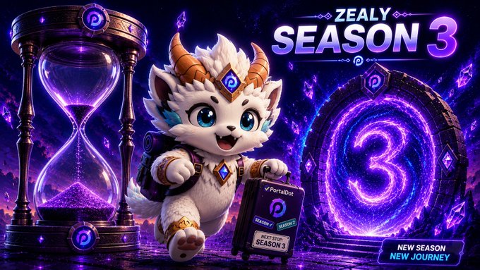 A 'ZEALY SEASON 3' promotional banner featuring an adorable white furry creature with horns holding a PortalDot device, alongside an hourglass and a purple portal displaying the number 3.