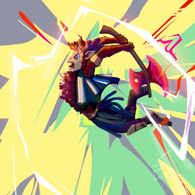 A colorful digital illustration of a fantasy warrior character with pointed ears wielding a large axe mid-swing, surrounded by dynamic yellow and pink energy effects.