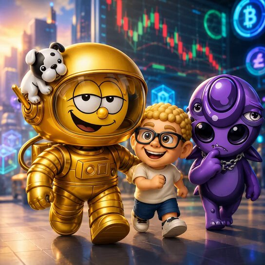 The image features a cartoon character, possibly a boy or a girl, wearing an astronaut costume with a dog sitting on their shoulders. The character appears to be walking down a street while holding a stick. In front of them are three other characters - two purple ones and one blue one. They all seem to be engaged in conversation or observing the character's actions.

The post that accompanies this image is titled "GM Crypto ⠀ 今日の朝散歩はRELiCが合流 こちらも多い してる人も多い したいNFTのお友達も募集中 スキップしない". The post is about a character named "@0xMAvillain" who has been tagged with an NFT.