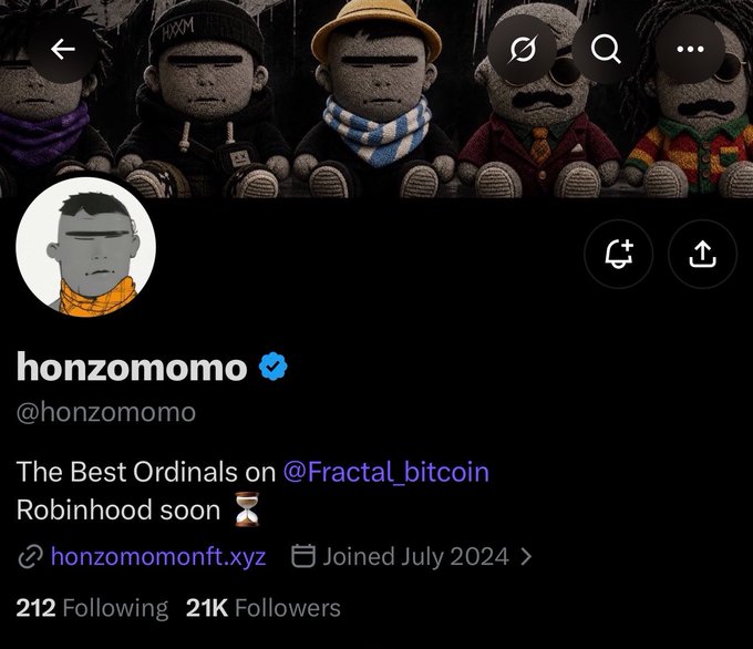 A X profile page for user 'honzomomo' (@honzomomo) describing them as 'The Best Ordinals on @Fractal_bitcoin Robinhood soon,' featuring LittleBigPlanet-style character avatars and 21K Followers.