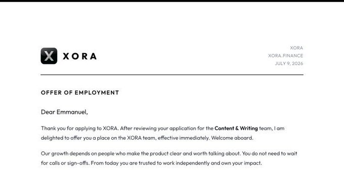 An 'OFFER OF EMPLOYMENT' letter from XORA (XORA FINANCE) dated July 9, 2026, addressed to Emmanuel, offering him a position on the Content & Writing team.