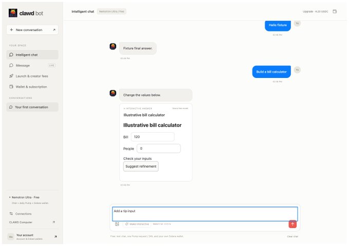 A screenshot of the 'clawd bot' chat interface where a user requests a 'bill calculator' and the bot generates an 'Illustrative bill calculator' with Bill and People input fields.