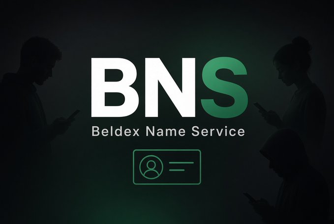 A promotional graphic for 'BNS Beldex Name Service' featuring silhouettes of people using phones in the background.