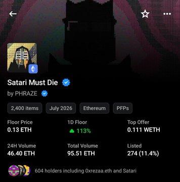 An OpenSea NFT marketplace listing page for 'Satari Must Die' by PHRAZE, showing 2,400 items, floor price of 0.13 ETH, 24H volume of 46.40 ETH, and 604 holders.