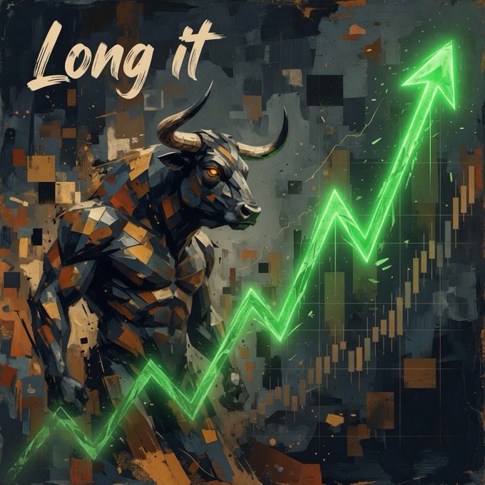 An artistic painting of a bull with a glowing green upward-trending chart line, accompanied by the text 'Long it' in the upper left corner.