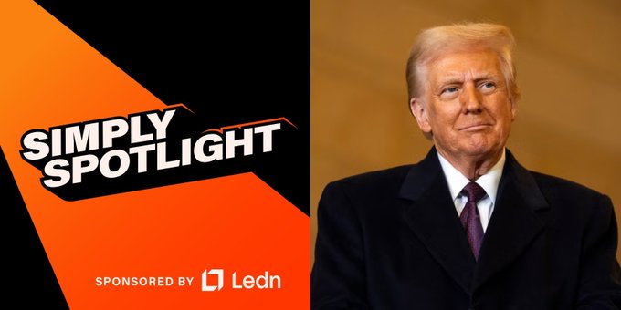A promotional graphic for 'SIMPLY SPOTLIGHT' sponsored by Ledn features a man in a dark suit on the right side.
