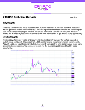 The image shows a screenshot of a white sheet of paper titled "XAUUSD Daily Technical Outlook" written in purple ink at the top center. The paper contains various thoughts about the gold market, particularly regarding its close bearish trends in relation to geopolitics and the US Core CPI data print on June 9th. There is also an image displaying a trading chart for gold, which further supports the content of the document.