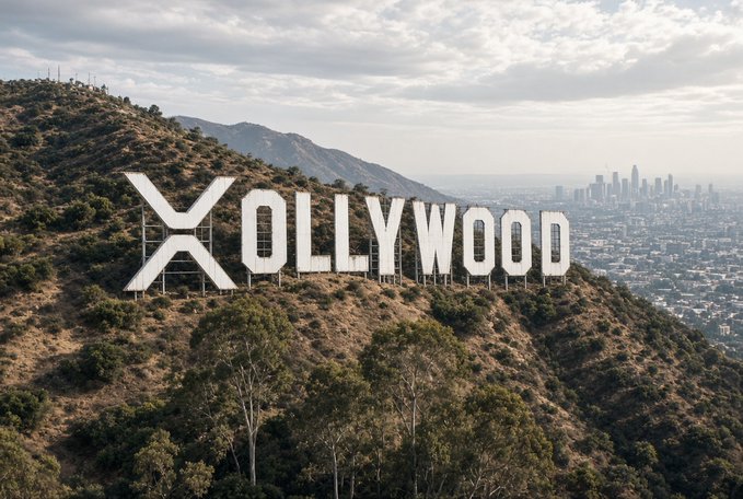 A landscape view of the iconic Hollywood sign on a hillside with the Los Angeles skyline visible in the background.