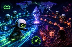 A vibrant digital illustration featuring a panda character in futuristic gear on the left, alongside a glowing blue crystal and a world map connecting various tech icons including infinity symbols, graphs, and a car in the background.