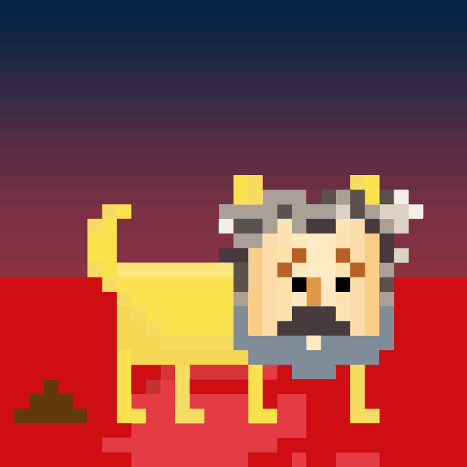A pixel art illustration of a bearded man with horns wearing a gray headband and blue collar, standing next to a yellow four-legged creature against a gradient blue-purple sky and red ground.