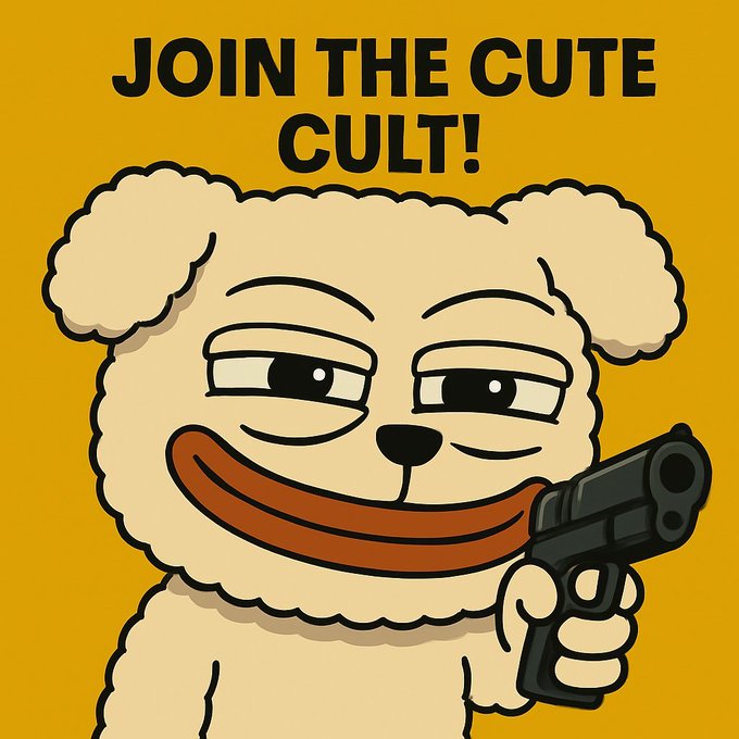 A cartoon illustration of a fluffy dog holding a gun with the text 'JOIN THE CUTE CULT!' on a yellow background.