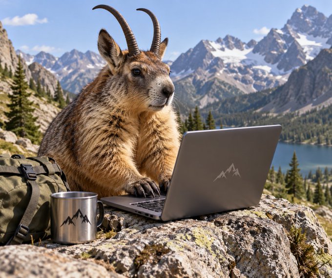 An AI-generated image showing a horned animal resembling a marmot or ibex sitting on a rock and using a laptop, with a metal camping mug and backpack beside it, set against a mountainous landscape with a lake.