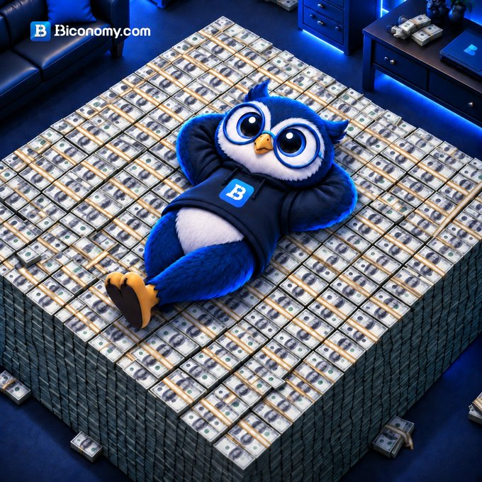 A 3D-rendered promotional image from Biconomy.com featuring a cute blue cartoon owl mascot wearing a hoodie with the 'B' logo, lounging on a large platform made entirely of stacked US dollar bills.