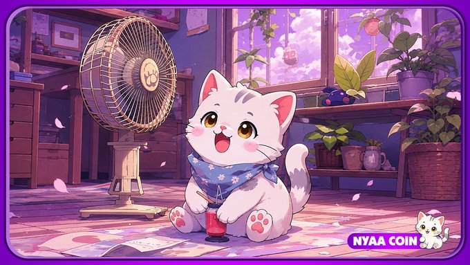 An anime-style illustration shows a cute white cat with a blue bandana sitting in a cozy room with a fan, drinking from a small cup. A 'NYAA COIN' logo appears in the bottom right corner.