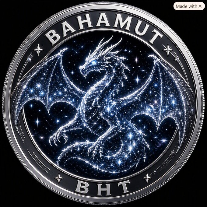 A silver coin design featuring a constellation-style dragon, labeled 'BAHAMUT' at the top and 'BHT' at the bottom, with a 'Made with AI' watermark.