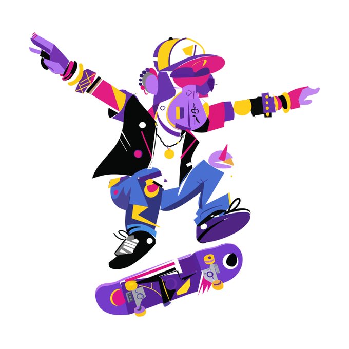 A colorful pop-art style illustration of a figure wearing a yellow cap, sunglasses, and headphones, breaking apart into geometric pieces with a skateboard below.
