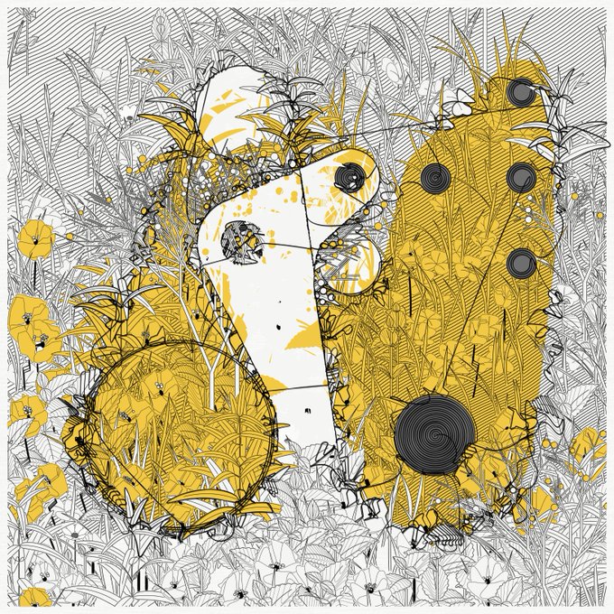 An abstract artwork combining intricate black-and-white botanical line drawings with bold yellow shapes, splatters, and circular patterns, signed 'F. Iwanaga' in the lower right.